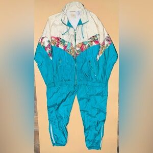Vintage 80s 90s Colorblock Windbreaker Tracksuit Set Teal Jogger Set Womens XL